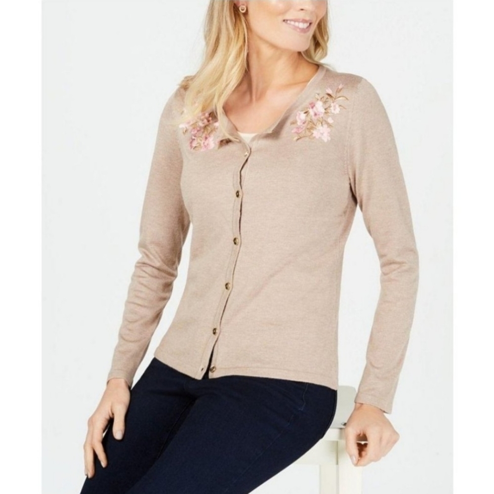 Karen Scott Embroidered Long-Sleeve Cardigan XL